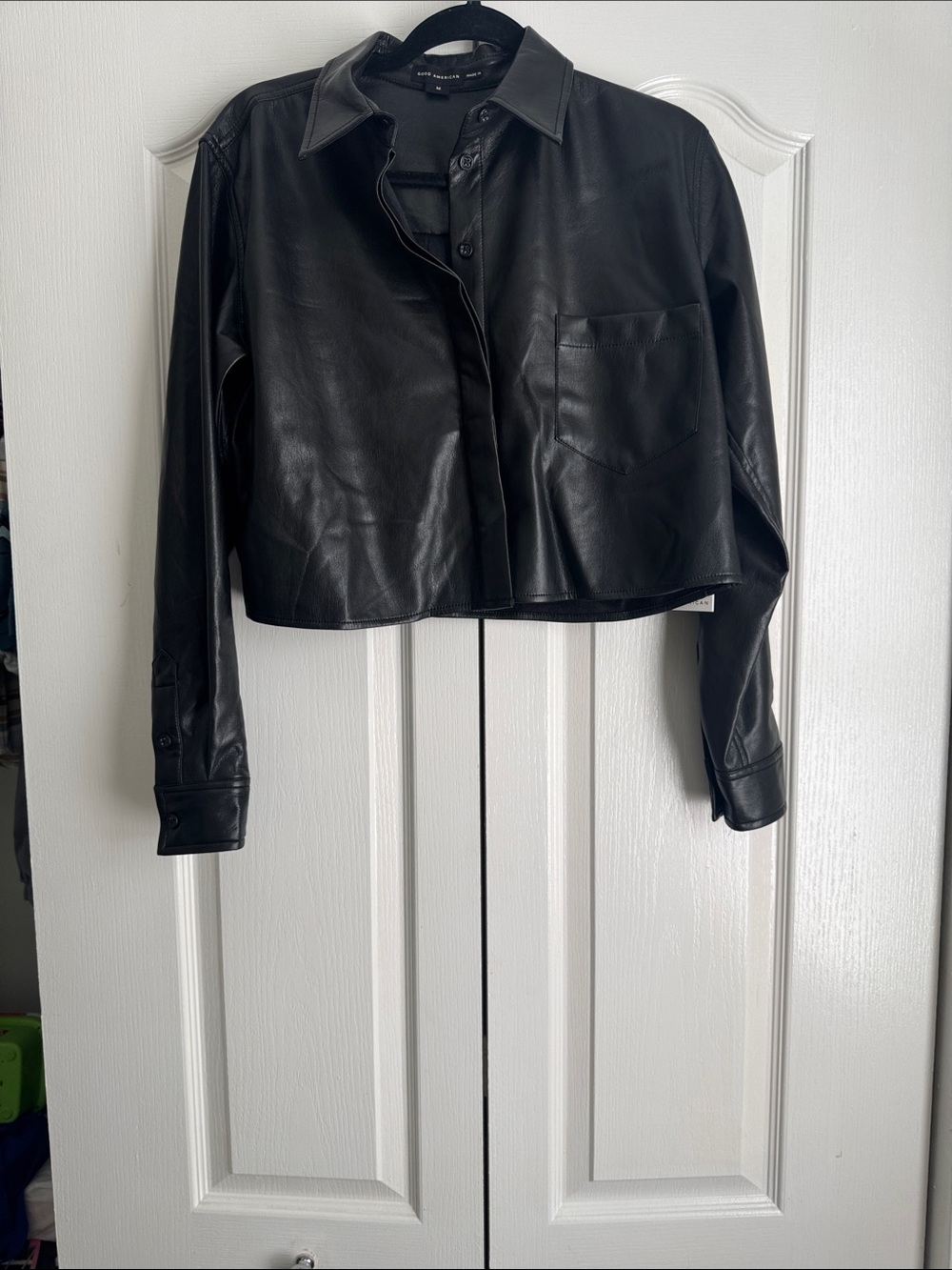 Good American Faux leather cropped Button down long sleeve